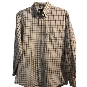 Façonnable Men’s 14.5 Beige Red Blue Check Long Sleeve Button Down Cotton Shirt